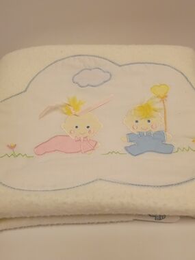Plush Baby Blanket with Pink & Blue Appliqué Babies